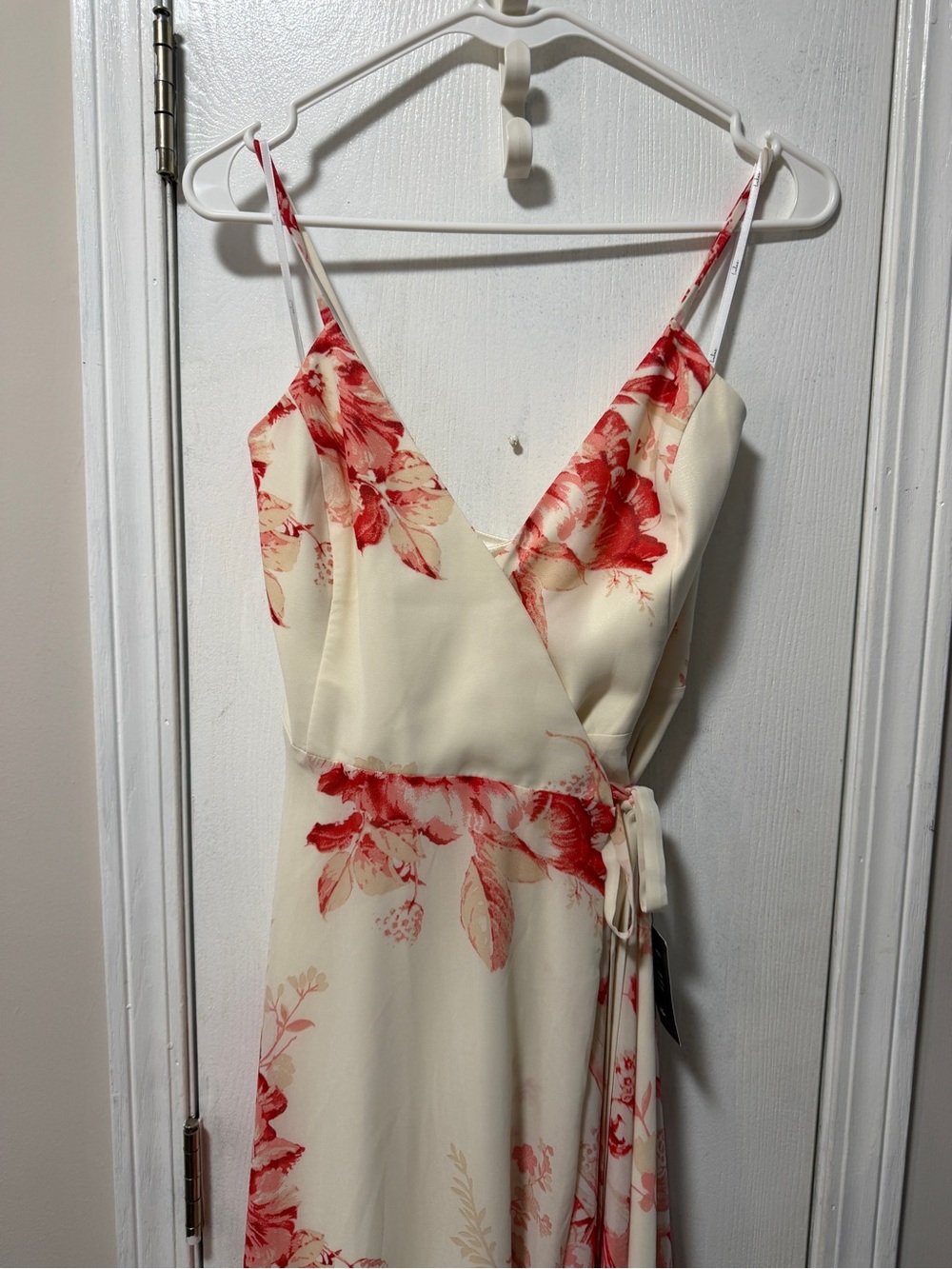 Lulu's Cream wrap Maxi Dress with Red Floral Print